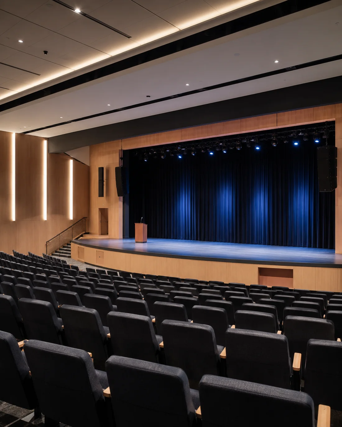 Modern auditorium with professional stage lighting, audio, paging and presentation systems