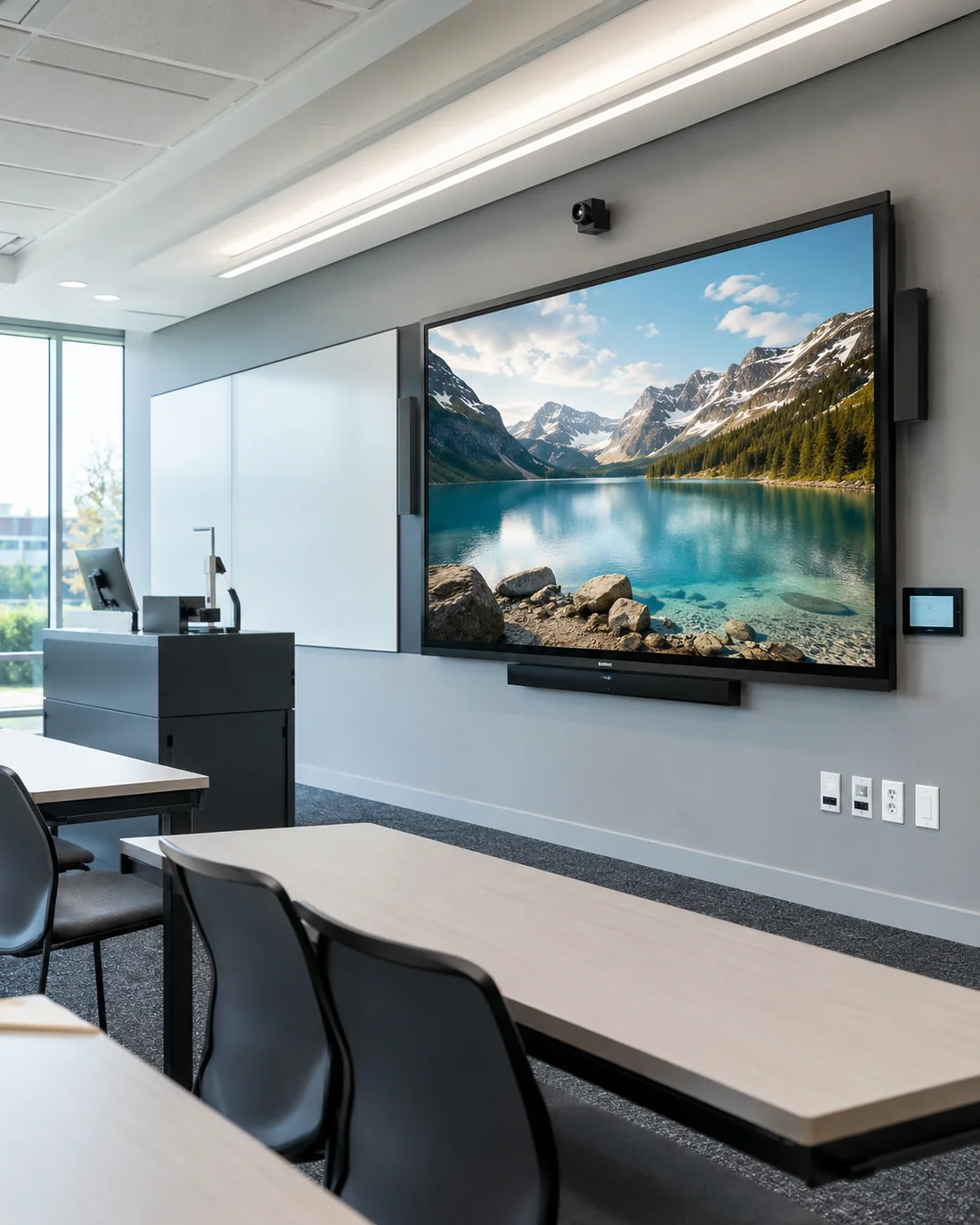 Modern meeting room with integrated display, audio and presentation technology