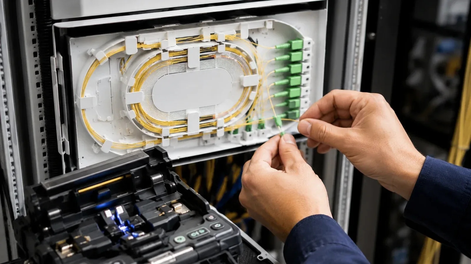 Fibre installation and splicing in a communications cabinet