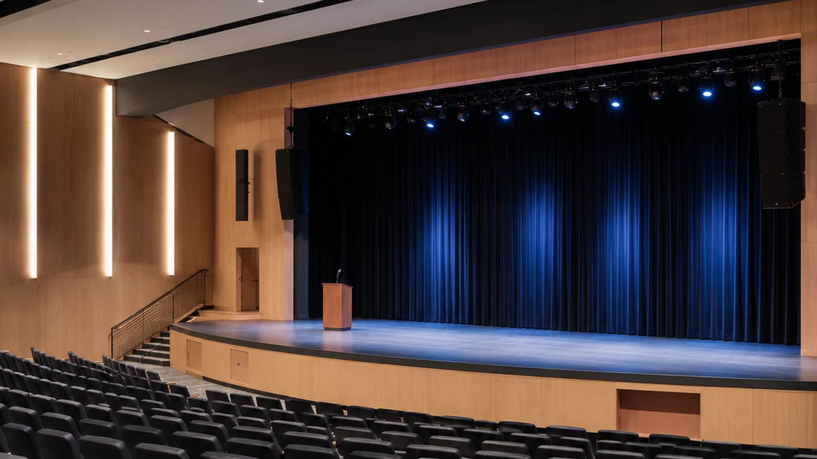 Modern auditorium with stage lighting, audio and presentation systems
