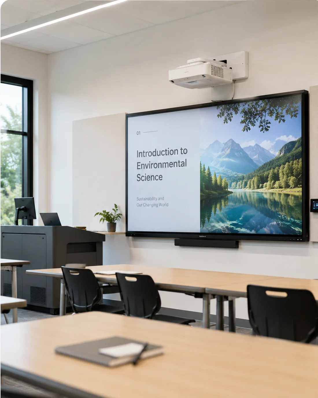 Modern classroom with integrated display, projection and audio technology